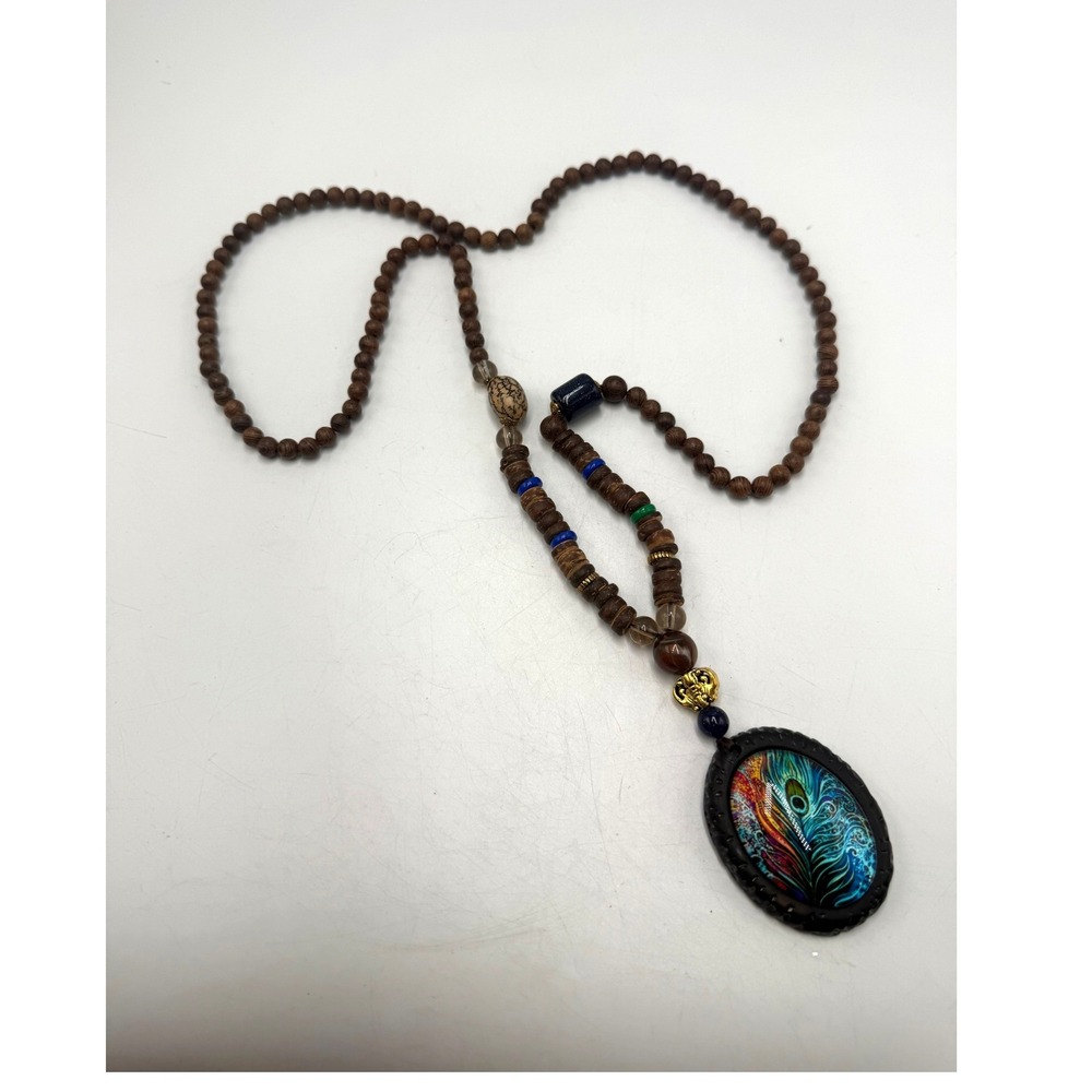 Bohemian Peacock Feather Pendant Necklace Wood Bead Long Strand Multi Color Boho